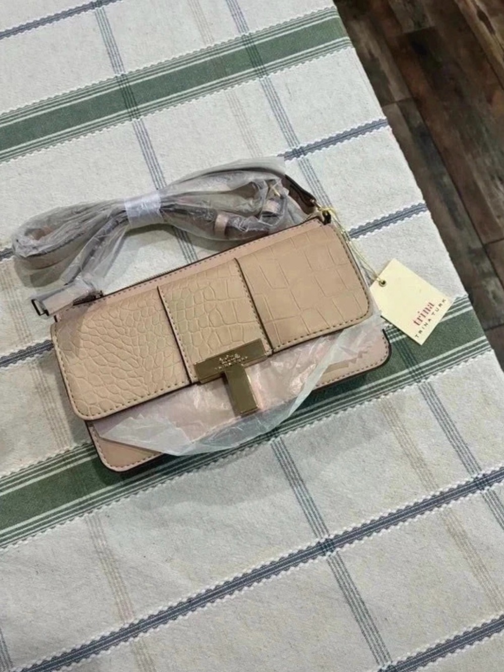 Trina Turk Beige Croc-Embossed Crossbody with Gold Hardware